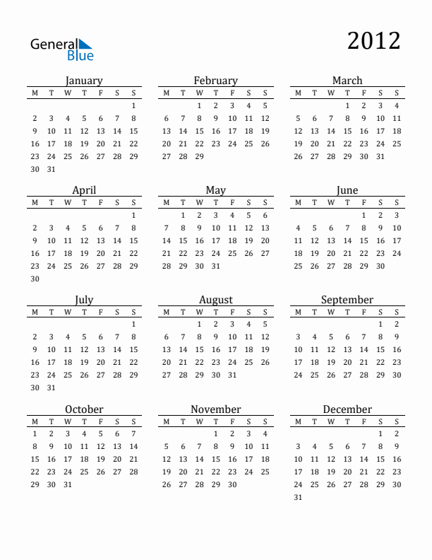 Free Printable Calendar 2012 with Monday Start