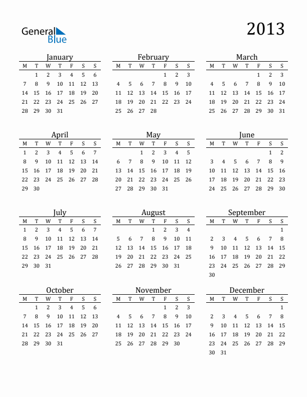 Free Printable Calendar 2013 with Monday Start