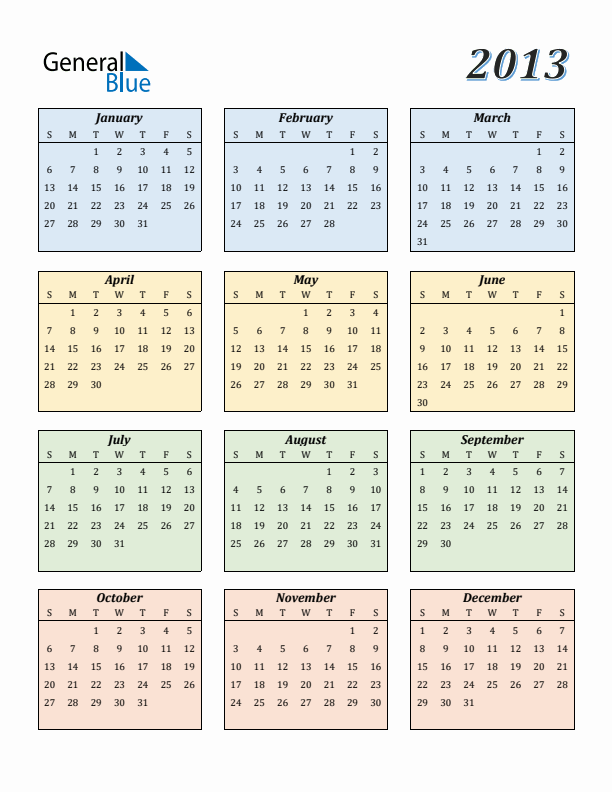 Calendar for 2013 (Sunday Start)