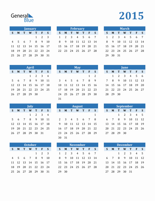 2015 Year Calendar with Sunday Start