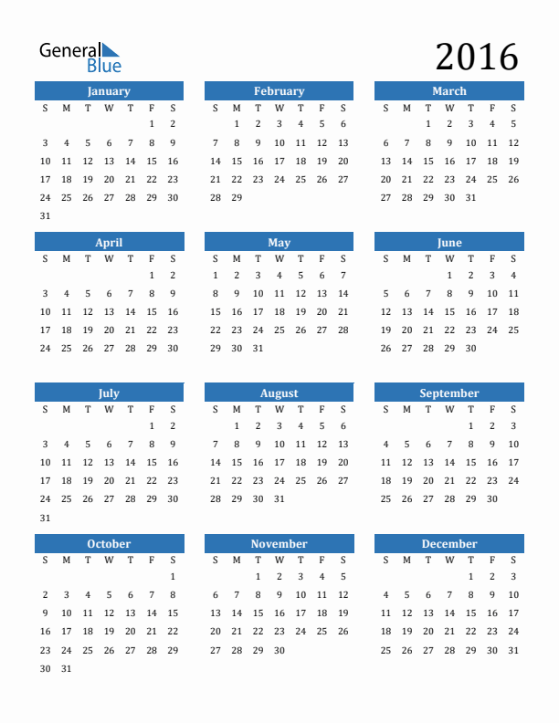 2016 Calendar