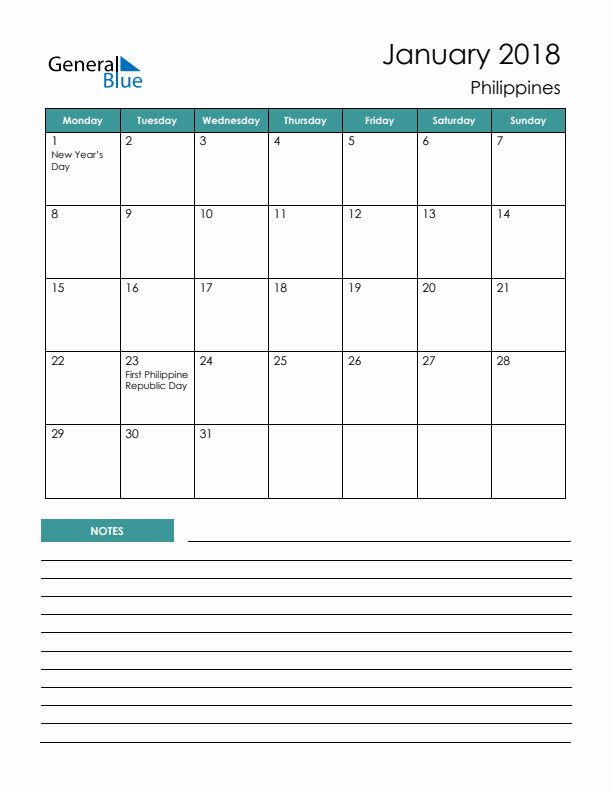 Calendar with Notes Printable - Monday Start