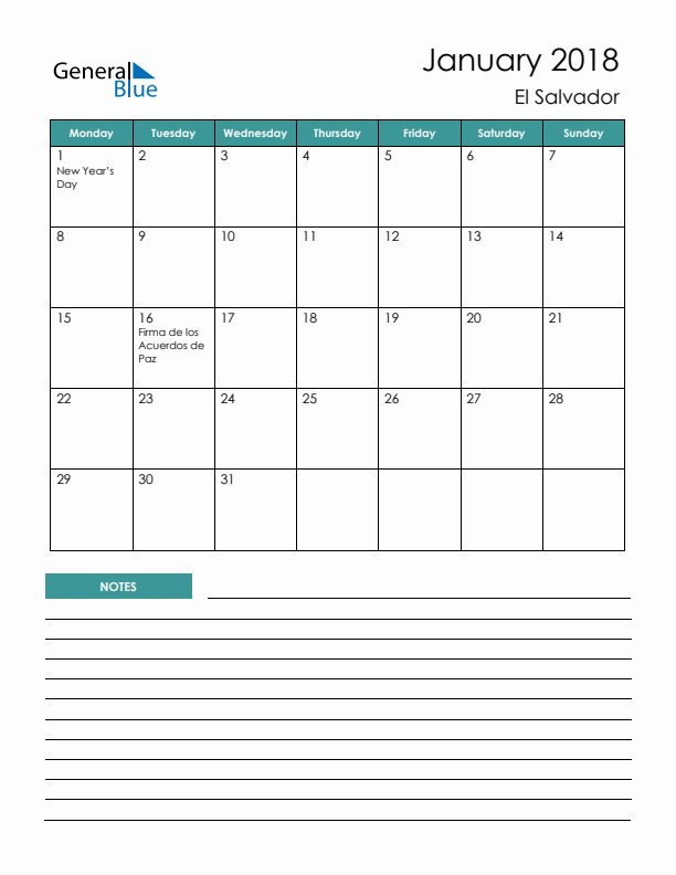 Calendar with Notes Printable - Monday Start