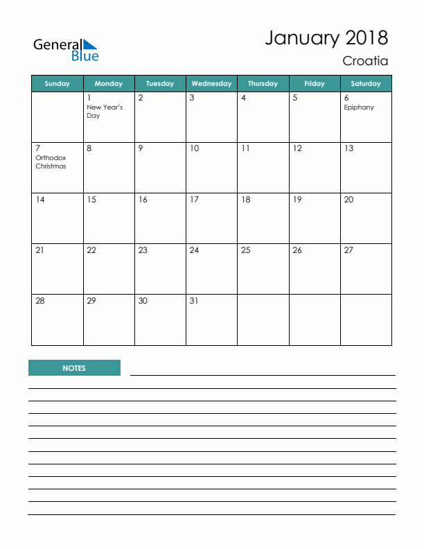 Calendar with Notes Printable - Sunday Start