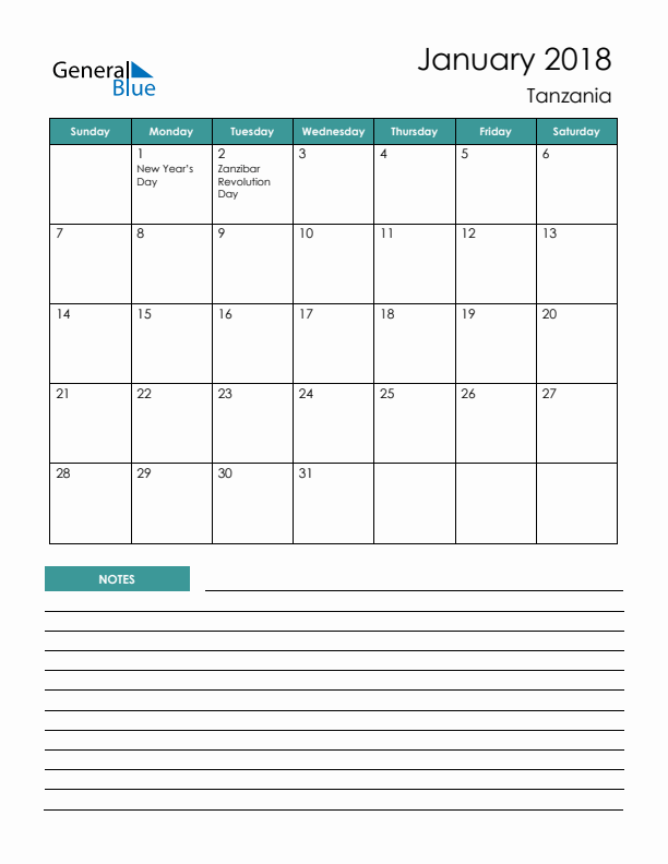 Calendar with Notes Printable - Sunday Start