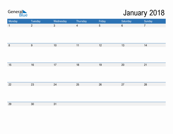 Fillable Calendar for January 2018