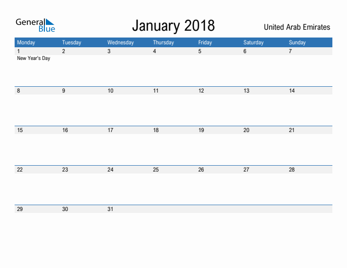 Fillable January 2018 Calendar