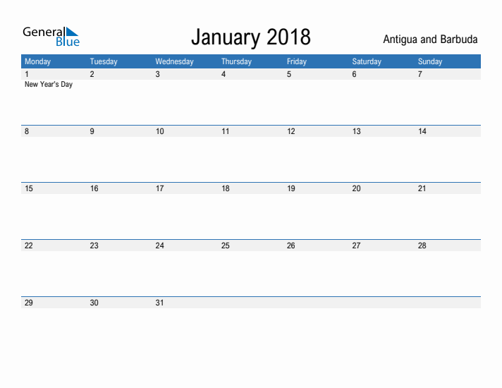 Fillable January 2018 Calendar