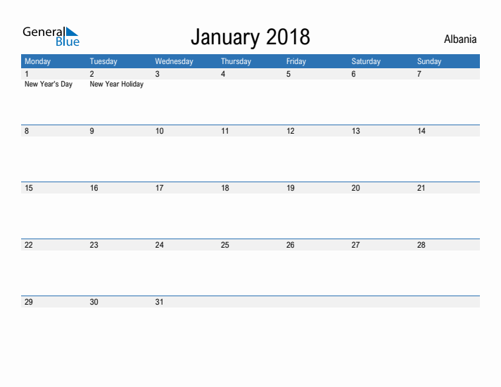 Fillable January 2018 Calendar