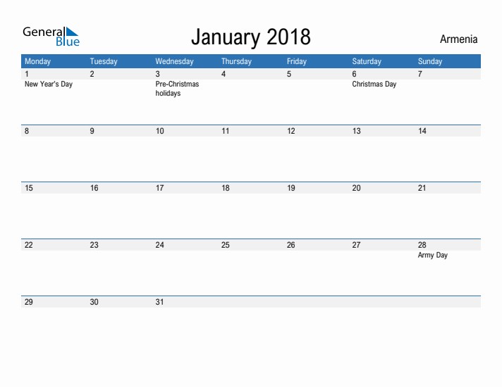 Fillable January 2018 Calendar