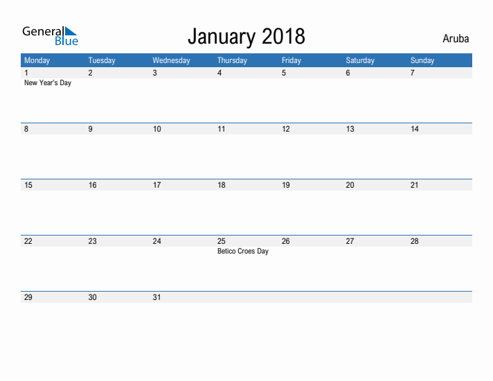 Fillable January 2018 Calendar