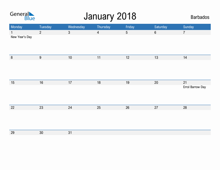 Fillable January 2018 Calendar