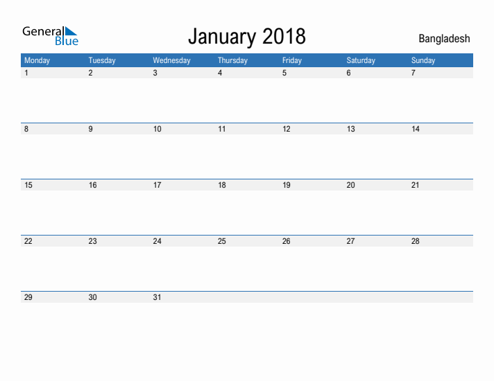 Fillable January 2018 Calendar