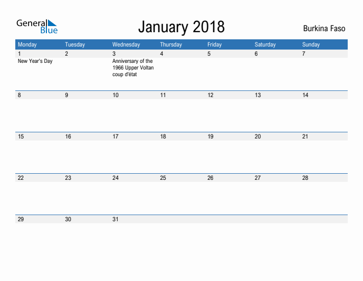 Fillable January 2018 Calendar