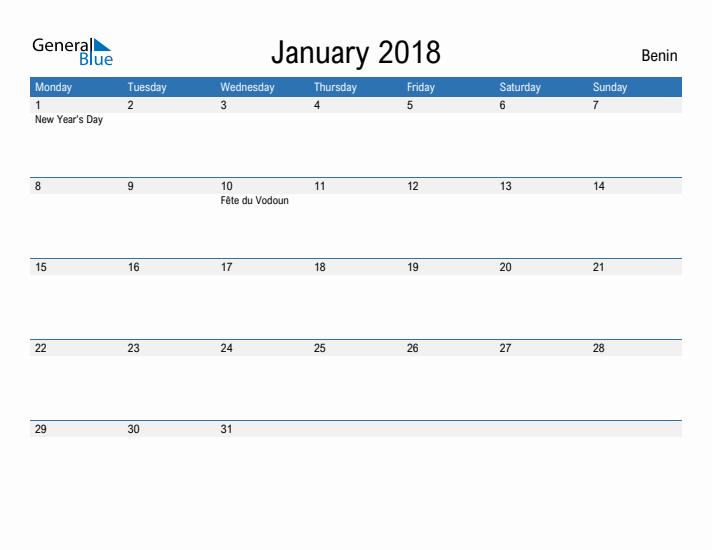 Fillable January 2018 Calendar