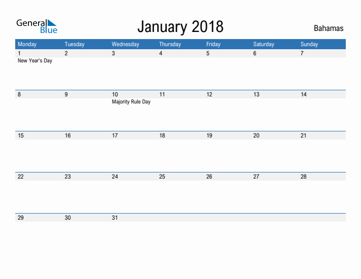 Fillable January 2018 Calendar