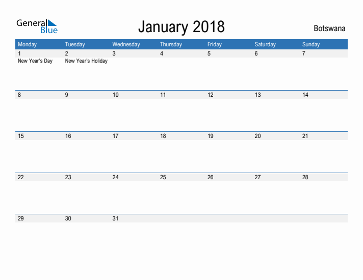 Fillable January 2018 Calendar