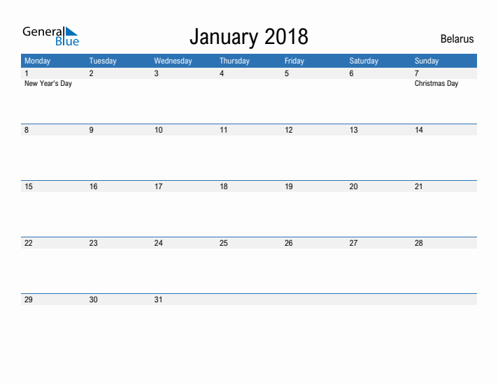 Fillable January 2018 Calendar