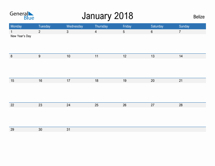 Fillable January 2018 Calendar