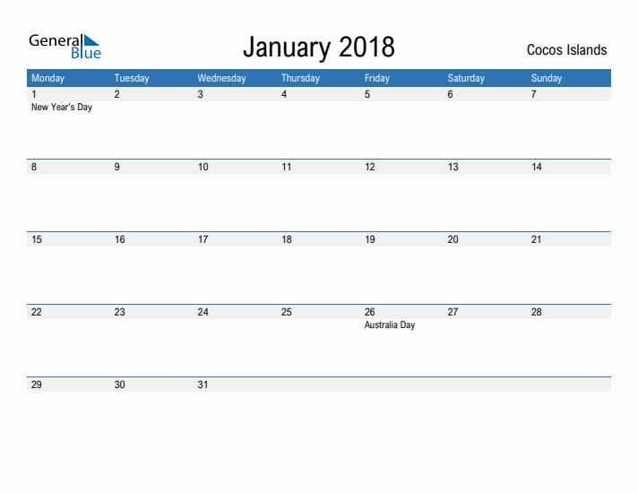 Fillable January 2018 Calendar