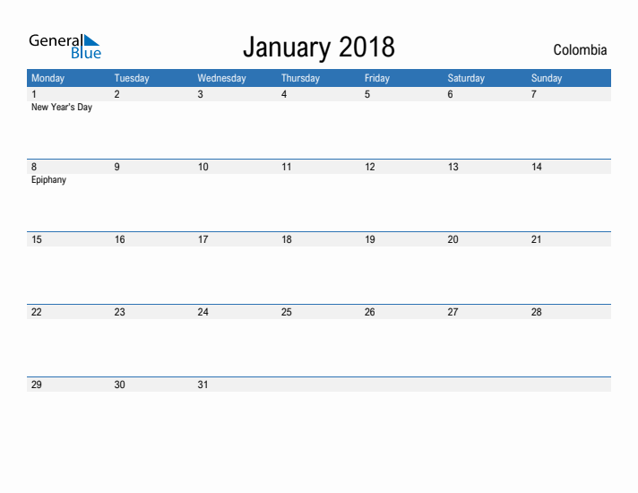 Fillable January 2018 Calendar