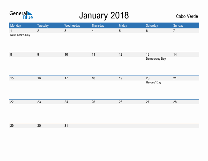 Fillable January 2018 Calendar