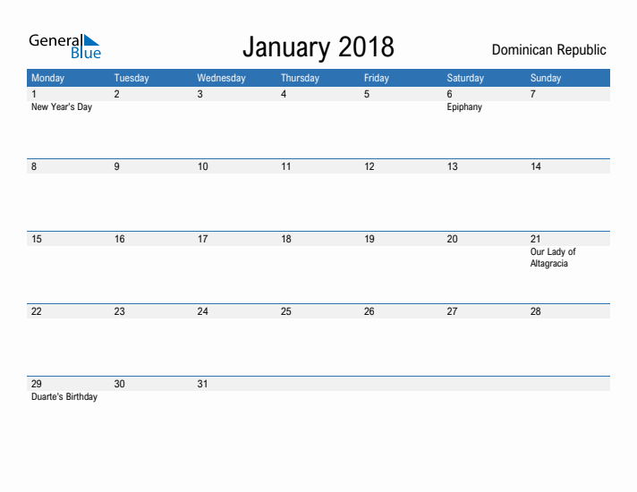 Fillable January 2018 Calendar