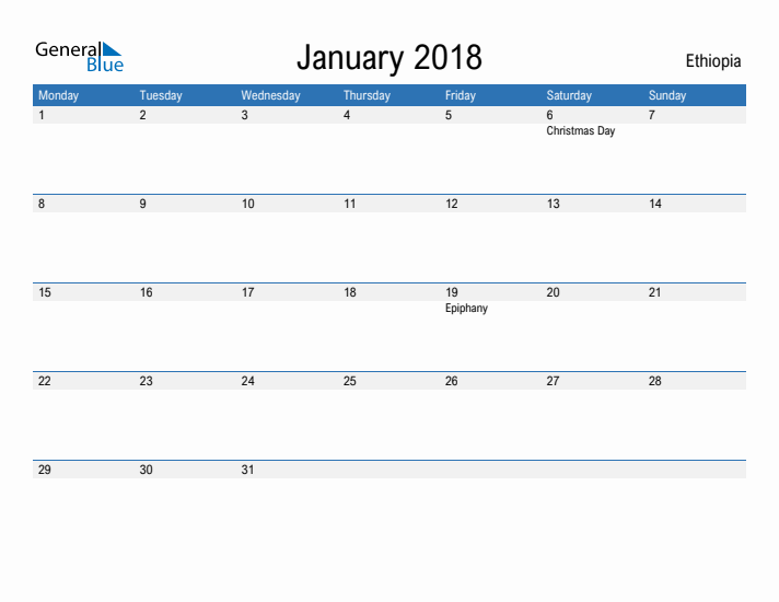 Fillable January 2018 Calendar