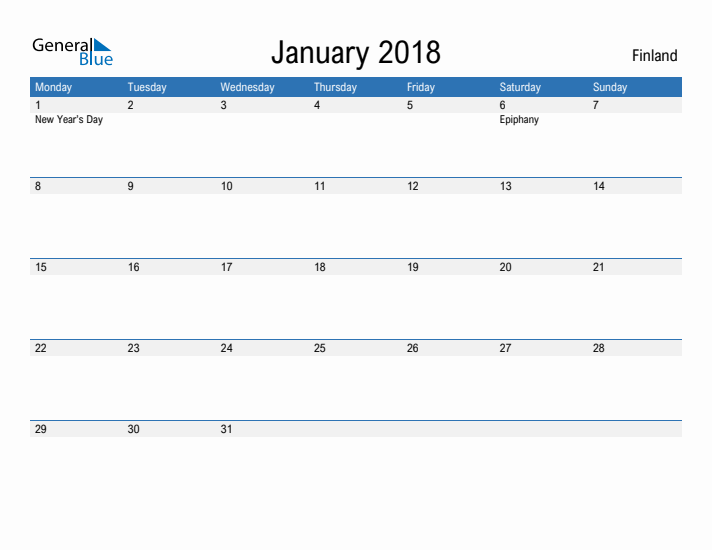 Fillable January 2018 Calendar