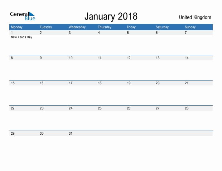 Fillable January 2018 Calendar