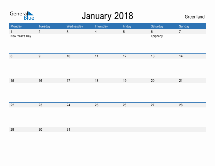 Fillable January 2018 Calendar