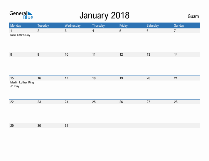 Fillable January 2018 Calendar