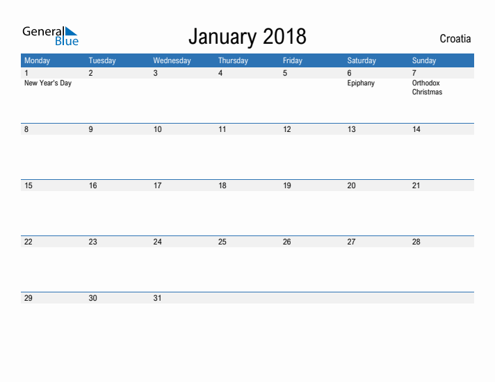 Fillable January 2018 Calendar