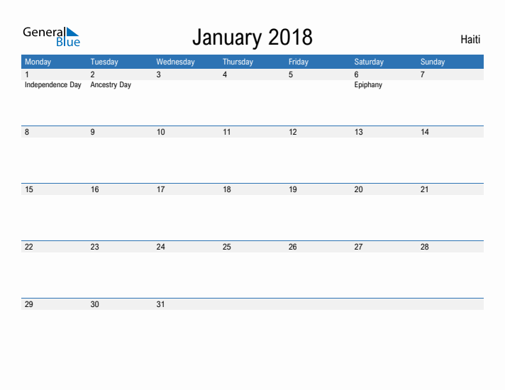 Fillable January 2018 Calendar