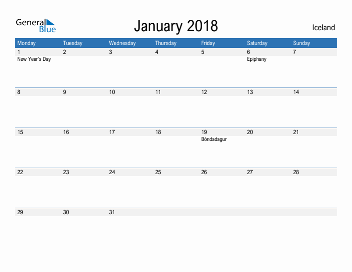 Fillable January 2018 Calendar