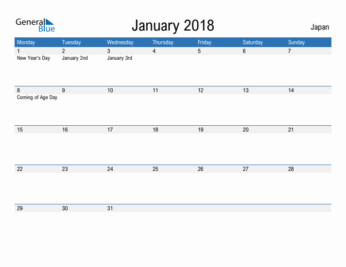 Fillable January 2018 Calendar