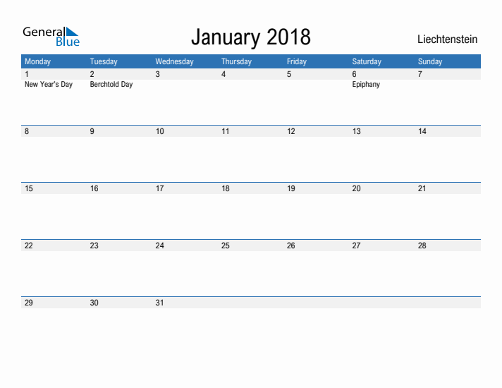 Fillable January 2018 Calendar