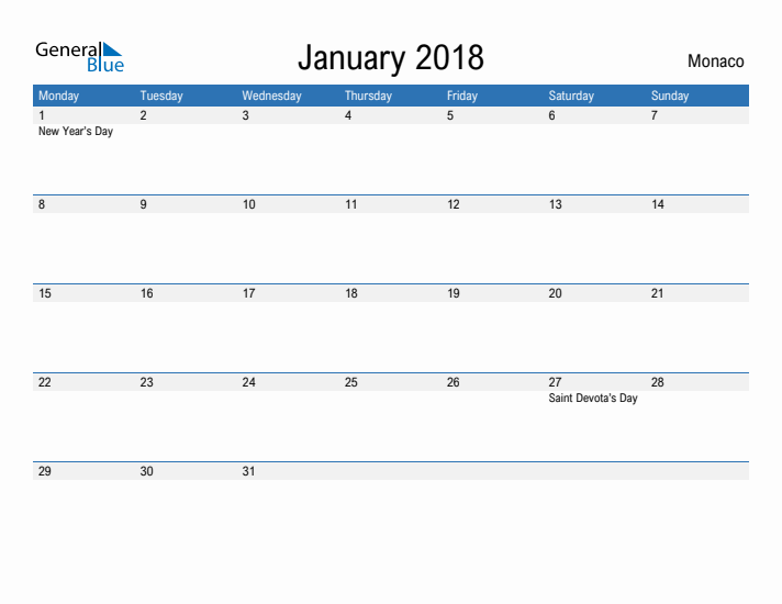 Fillable January 2018 Calendar