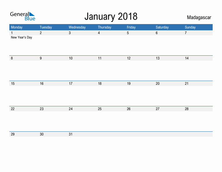 Fillable January 2018 Calendar