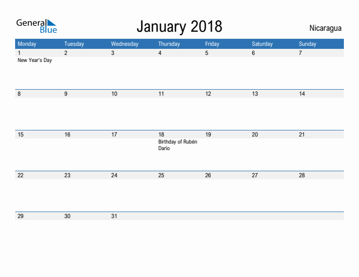 Fillable January 2018 Calendar