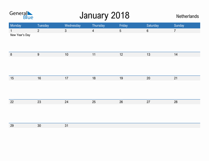 Fillable January 2018 Calendar