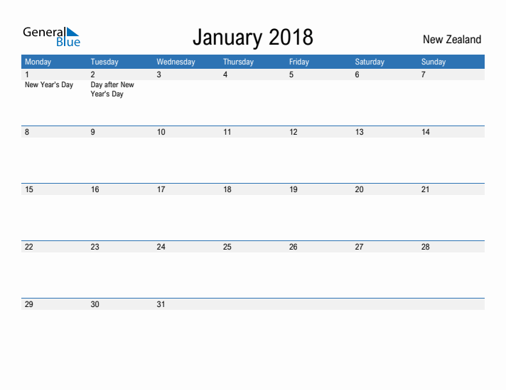 Fillable January 2018 Calendar