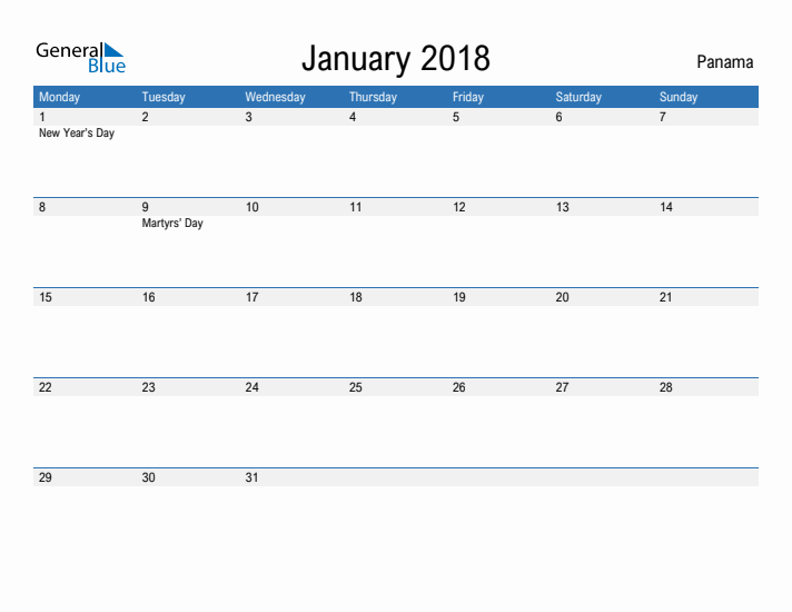 Fillable January 2018 Calendar