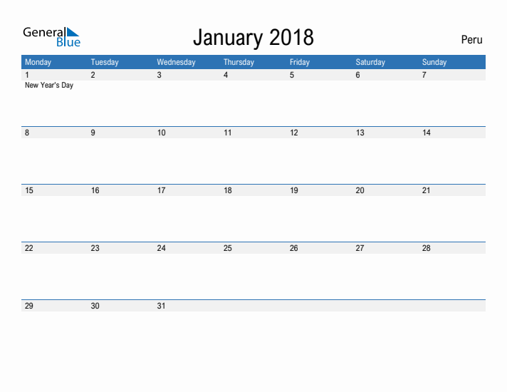 Fillable January 2018 Calendar