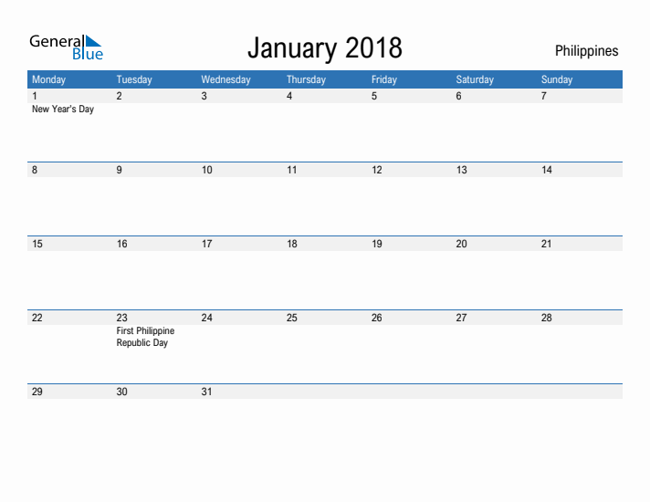 Fillable January 2018 Calendar