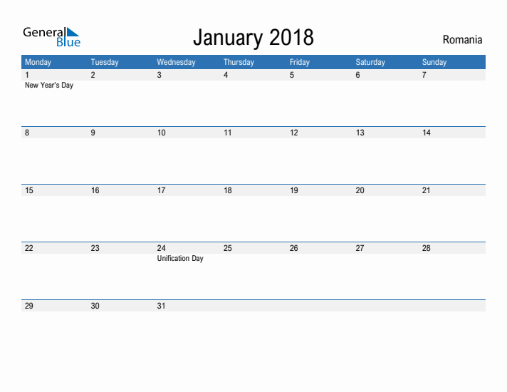 Fillable January 2018 Calendar