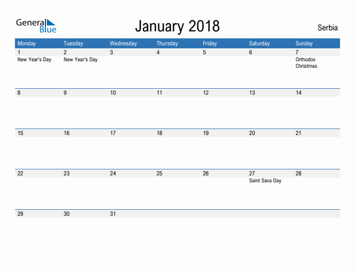 Fillable January 2018 Calendar