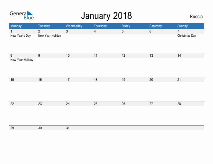 Fillable January 2018 Calendar