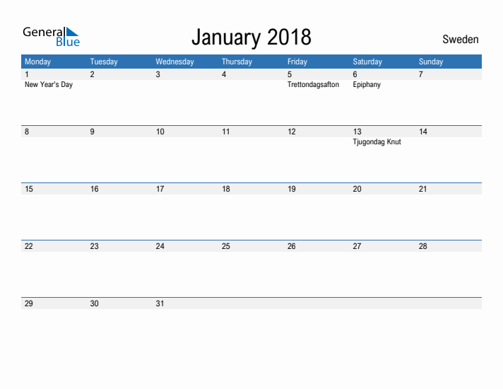 Fillable January 2018 Calendar