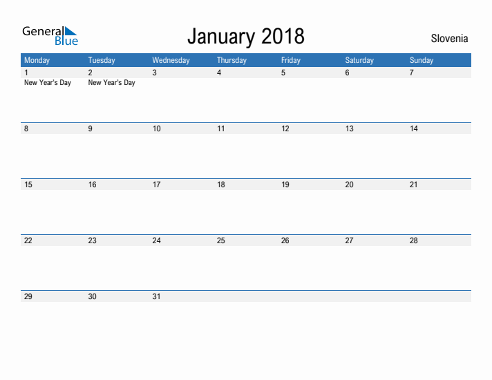 Fillable January 2018 Calendar